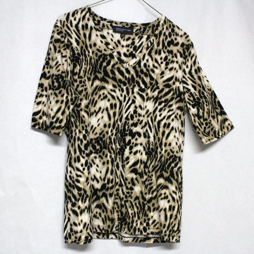 Women's Jones New York Signature XL Animal Print Elbow Length Sleeve V-Neck Top
